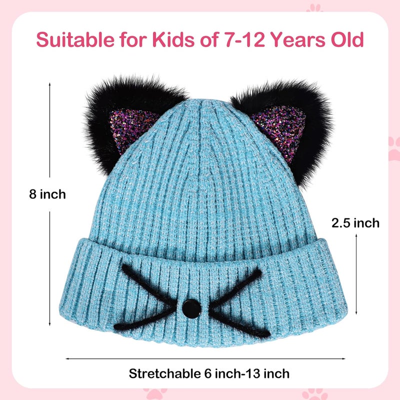 ACTLATI Kids Girls Sequin Cat Ears Hats Winter Knitted Beanie Hat for Outdoor Snow Ski Skull Cap Ages 7-12 - Image 3